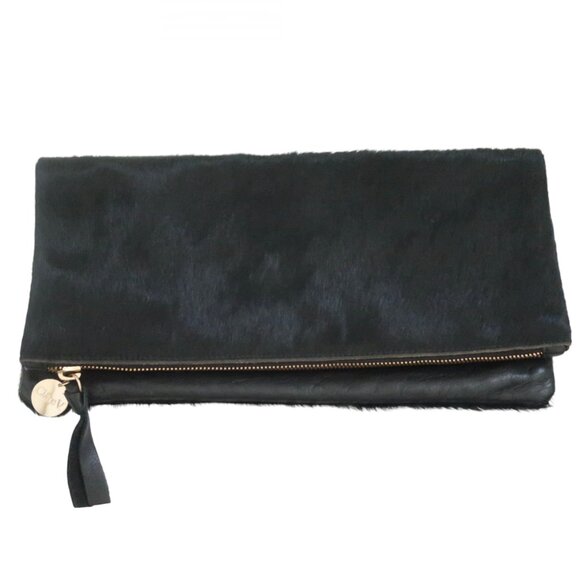 CLARE V VIVIER Foldover black Hair Calf Clutch bag pouch